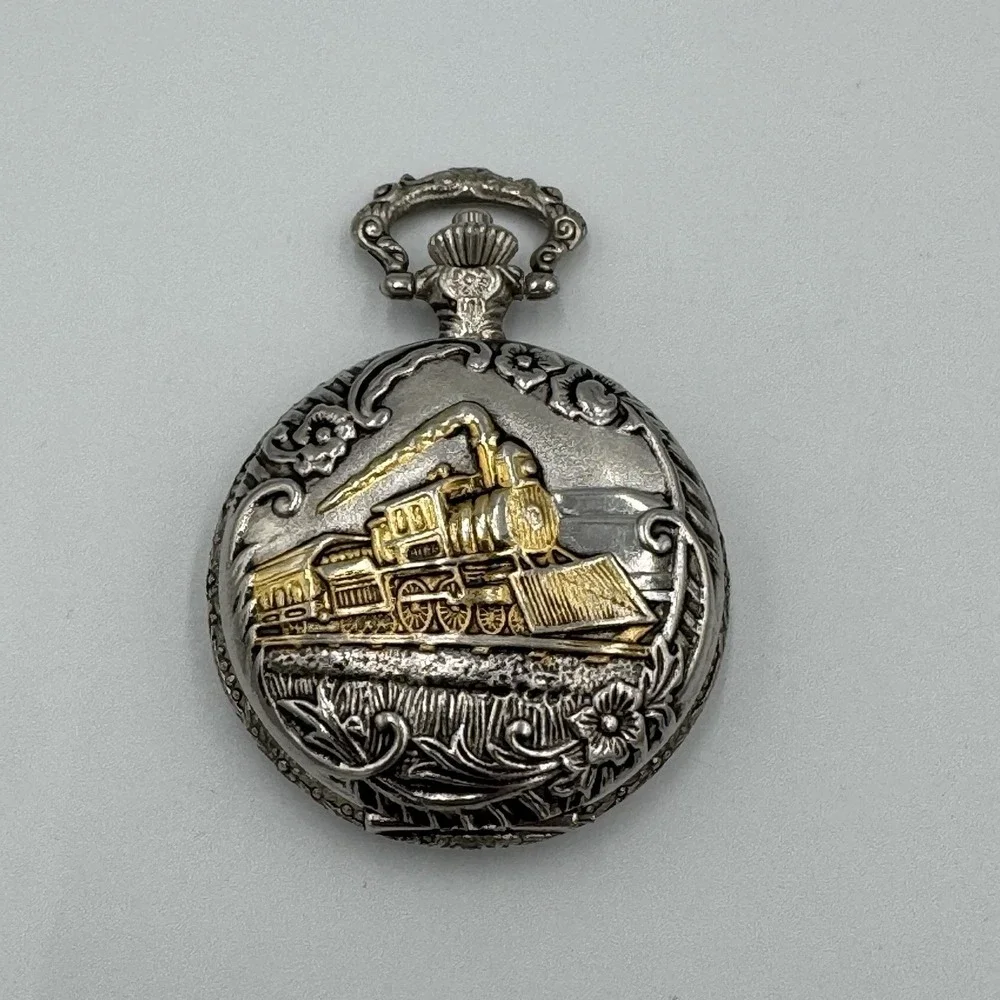 Vintage Style Silver Tone Locomotive Train Pocket Watch No Chain Untested‎